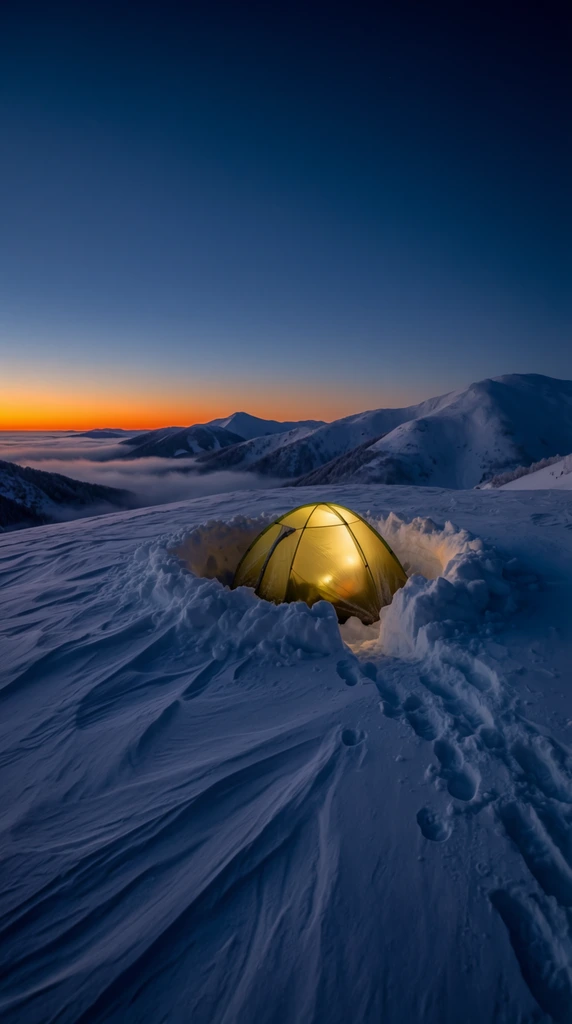 A glowing yellow dome tent is nestled in a dug-out pit of deep, wind-sculpted snow on a high mountain ridge at twilight. Warm light radiates from within the tent, casting a soft glow on the surrounding icy textures and footprints leading to the shelter. Rolling snow-capped mountain peaks rise in the background above a sea of low-lying fog settled in the valleys. The vast sky transitions from deep indigo overhead to a striking, vibrant orange glow along the distant left horizon. The wide-angle landscape composition emphasizes the stark color contrast between the cool, blue-toned freezing alpine environment and the isolated luminous warmth of the campsite.