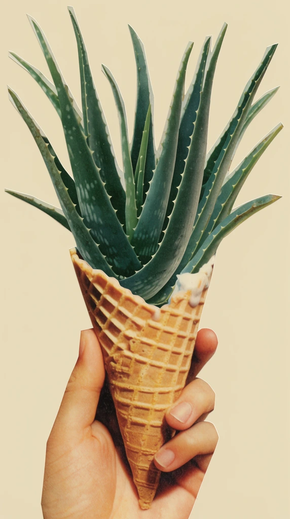hand holding a waffle ice cream cone filled with a dark green aloe plant, surreal vintage collage aesthetic, thick spiky leaves with serrated edges overflowing from the cone, retro photography mixed with botanical illustration, solid pale beige background, cut-out edges, muted earthy color palette