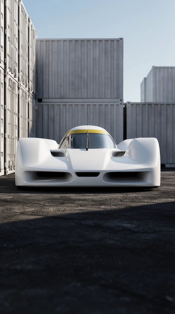A sleek, ultra-low white prototype race car sits parked head-on between light grey corrugated shipping containers on textured dark asphalt. The aerodynamic vehicle features massive curving front fenders, deep horizontal cooling intakes, and a sloped central cockpit enclosed by curved glass with a single vertical wiper and a yellow-tinted upper band. Photorealistic and sharply focused, the composition uses a low camera angle. Bright, directional sunlight from the left casts deep, angular shadows across the ground, emphasizing the smooth, sculpted bodywork against the harsh industrial backdrop.