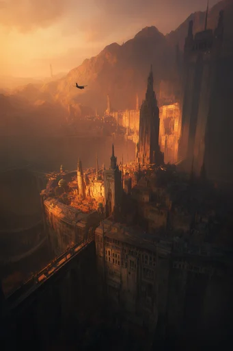 Monumental Industrial Golden Haze style reference image — cinematic megastructure