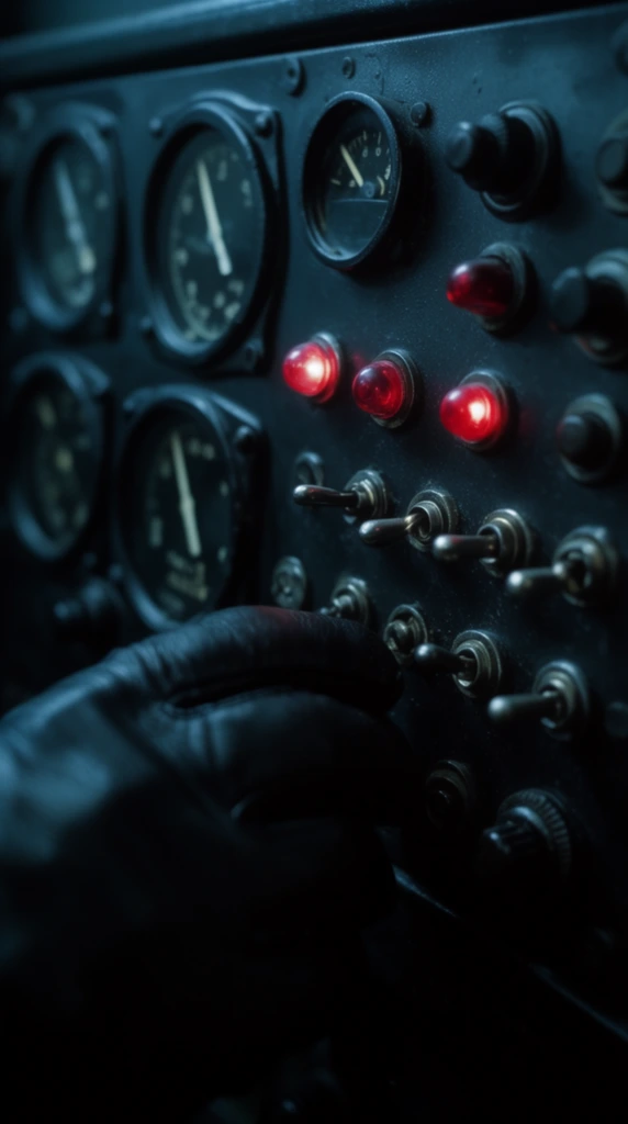 A close-up of a matte black, vintage mechanical control panel filled with analog dials, toggle switches, and glowing red indicator lights. A hand wearing a textured black leather glove reaches from the blurred foreground toward a central cluster of small metal switches. The dashboard features circular gauges with bright needles set within raised bezels, alongside crimson domed lights, metallic flip switches, and ridged rotary knobs. Cinematic, moody lighting casts a cool cyan-blue tone across the dark, lightly textured surface, contrasting sharply with the warm red luminescence of the active indicators. The composition employs a shallow depth of field, keeping the central instruments in sharp focus while the gloved hand and peripheral elements softly dissolve into deep shadow.