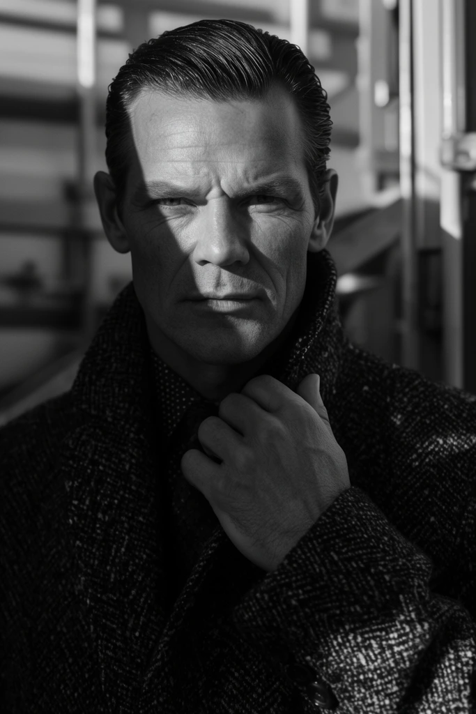 Black and white fashion portrait of a middle-aged man with slicked-back hair and a heavy tweed overcoat. A sharp diagonal shadow bisects his face as he rests a hand on his collar. Blurred industrial background, high-contrast cinematic lighting, tight framing.