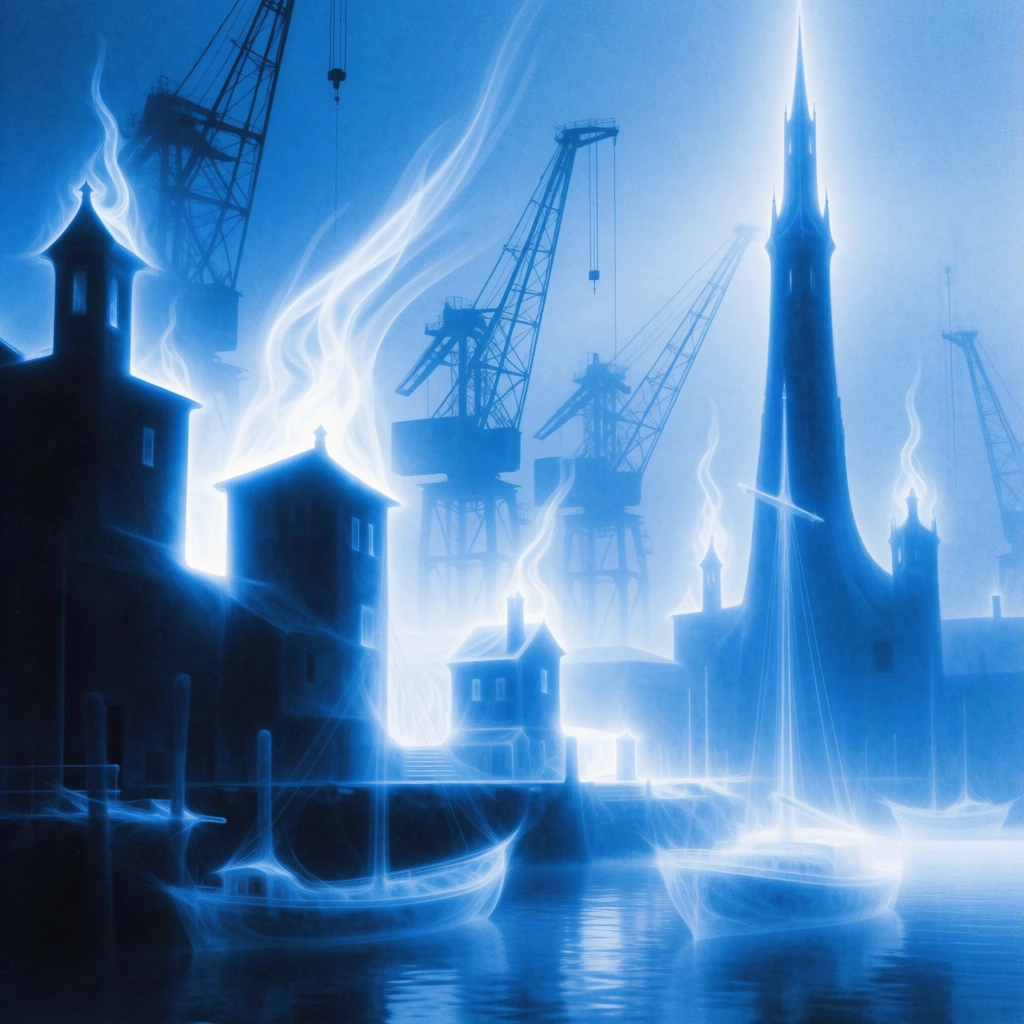 ethereal harbor scene, silhouetted blocky buildings on the left, a soaring needle tower on the right, ghostly boats on the water, skeletal industrial cranes in the background, monochromatic deep ultramarine palette, brilliant cyan luminescence blooming from architectural edges, wispy flame-like energy trails, high-contrast silhouettes, soft focus light diffusion, fine film grain, atmospheric long exposure motion blur, surreal spiritual radiance, impressionistic dreamscape.