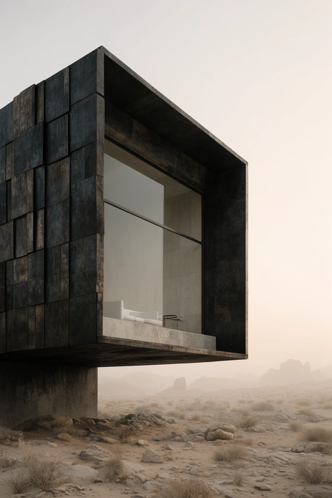 cantilevered brutalist architecture, textured dark cladding, large glass window, minimalist interior, hazy desert landscape, soft diffused light, muted tones