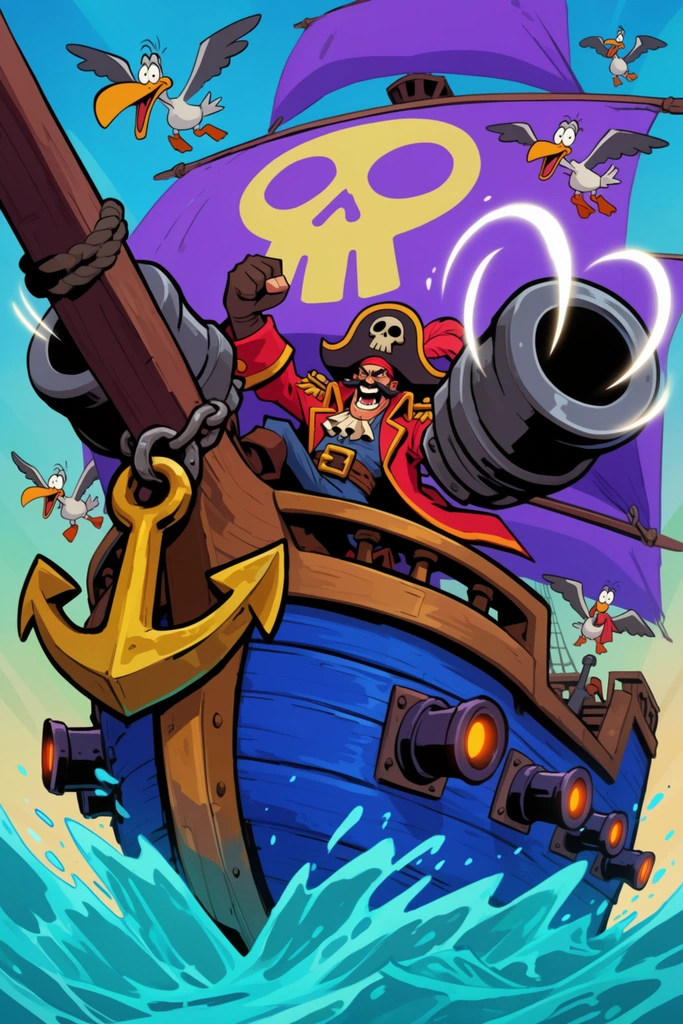 A dynamic 2D illustration of a maniacal pirate captain with massive cannon arms commanding a stylized blue ship bursting through crashing cyan waves. The captain wears a skull-adorned hat and red cape, striking an energetic pose as glowing white motion trails swirl around the cannon. A giant golden anchor hangs prominently on the wooden prow. Goofy, wide-eyed seagulls fly chaotically around the purple sails bearing a yellow skull motif. The ship's hull bristles with dark cannons emitting glowing orange light. Rendered with thick black outlines, flat cel shading, and saturated pop colors, the dramatic low-angle perspective emphasizes the explosive comic-book energy.