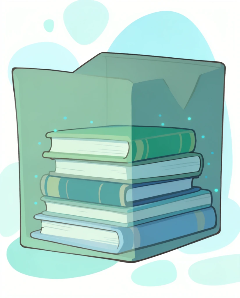 A 2D digital illustration utilizing a double-exposure silhouette technique, where the outer shape of a box acts as a framing mask. Inside the mask, a stacked pile of five books is rendered in flat, soft cel shading. The color palette features mint greens, cool teals, and pale sky blues. Clean dark outlines define the stylized forms. Small, glowing cyan particles float around the books. The background outside the box mask displays smooth, rounded abstract shapes in soft pastel cyan.