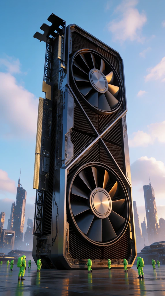 A colossal skyscraper shaped like a monumental graphics card dominates a futuristic plaza. The dark metallic monolith features massive diagonal cooling fans, deep heat sink fins, and golden connector pins protruding from the left flank alongside an elevator scaffold. Tiny figures in neon green hazmat suits dot the reflective ground, emphasizing staggering scale. A hazy sci-fi skyline sits under a blue sky with warm golden hour lighting bouncing off the sleek metallic casing. Photorealistic 3D render.