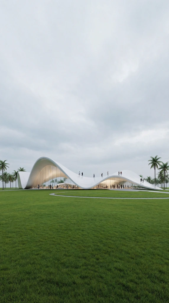 A futuristic, undulating white pavilion stretches across a vibrant green landscape under a vast overcast sky. The continuous, sweeping canopy peaks and dips like a wave, supported by transparent glass walls revealing an illuminated interior. Small figures gather beneath the overhangs and walk directly onto the sloping roof. Slender palm trees surround the building. The foreground features a manicured lawn with subtle circular pathways. The wide panoramic perspective and soft, diffused lighting emphasize a minimalist palette of bright greens, stark whites, and muted greys.