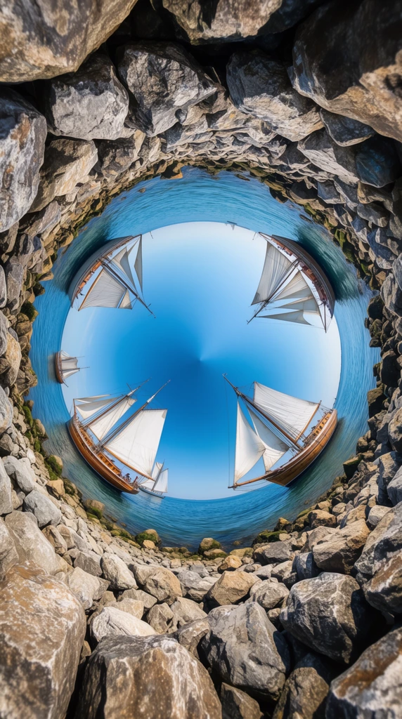 An inverted stereographic projection creating a surreal 360-degree panoramic view of a rocky shoreline and several sailing ships. The composition features a continuous outer ring of rugged, jagged rocks filling the extreme edges of the square frame, curving inward to form a perfect circular boundary. Within this central circle lies a vibrant expanse of blue water transitioning into a clear sky at the absolute center point. Positioned along the curved inner edge where the rocky shore meets the water are several sailing ships with wooden hulls and unfurled white canvas sails. The ships rest on the water's surface, their tall masts pointing radially inward directly toward the center of the image. The extreme ultra-wide fisheye perspective severely distorts the landscape into a geometric, tunnel-like shape. Bright, even daylight casts sharp shadows across the textured stones, illuminating the scene with vividly saturated colors. The crisp, photographic rendering highlights the stark visual contrast between the earthy grays and browns of the peripheral shoreline and the luminous azure gradient of the central aquatic void.