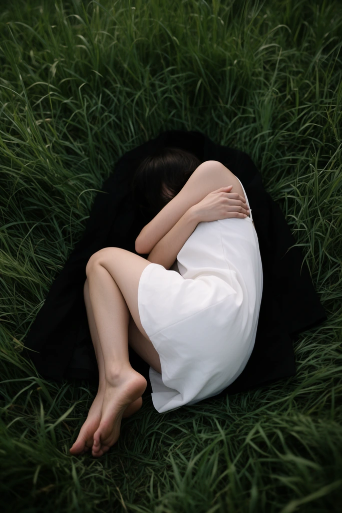 A barefoot woman in a white dress lies curled in a fetal position amid tall green grass, resting on a black garment. Her arms are crossed and face hidden by dark hair. Captured from a high angle with shallow depth of field.