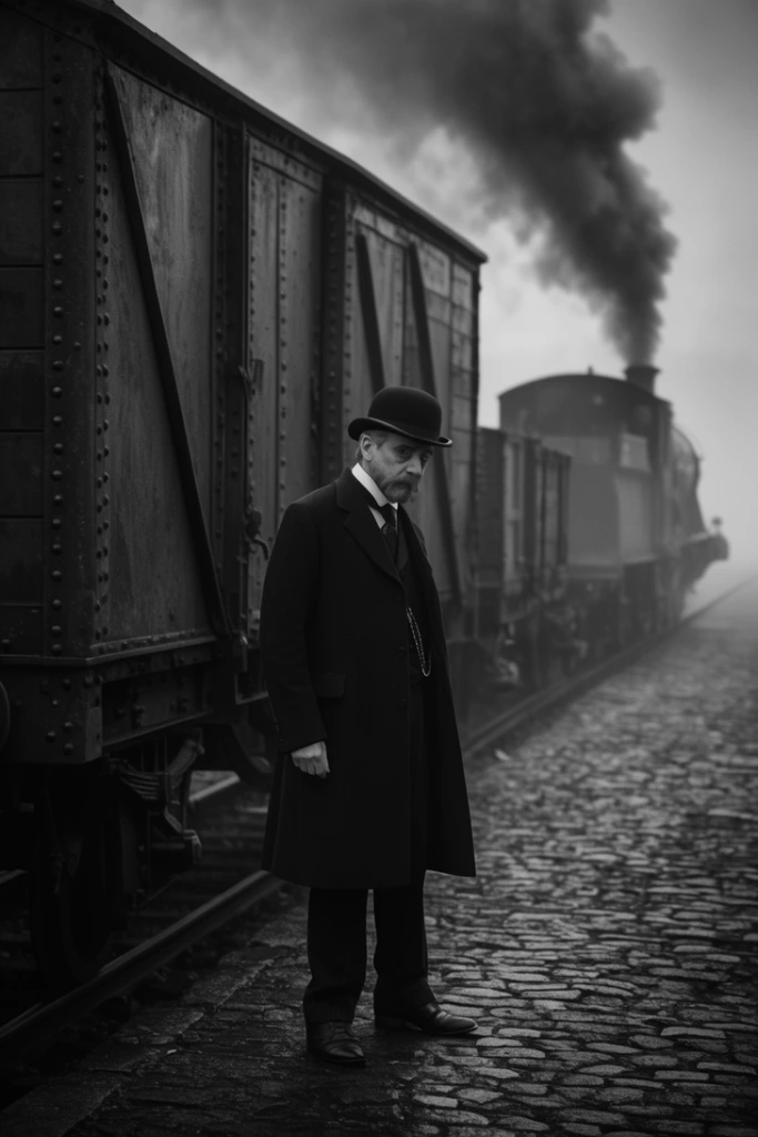 A cinematic black-and-white shot of a Victorian inspector in a bowler hat standing on a cobblestone platform beside riveted steel cargo carriages. The tracks stretch into a foggy background where a steam locomotive billows smoke amidst moody, high-contrast lighting.