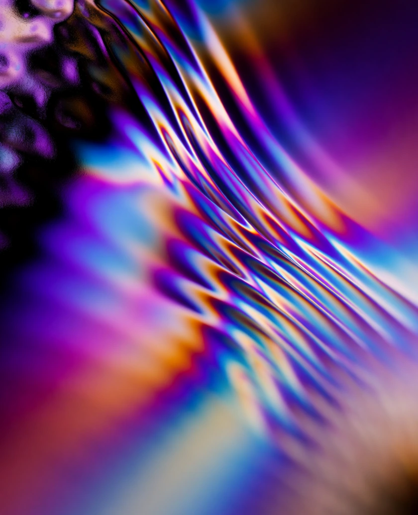 A vibrant abstract digital artwork presents a dynamic flow of iridescent, wavy textures in a saturated palette of violet, deep blue, magenta, and soft amber. The composition is dominated by undulating, ridge-like patterns that sweep diagonally across the frame from the top center towards the bottom right, resembling the shimmering surface of an oil slick or topographical contour lines. In the upper-left corner, a jagged, torn edge of the colorful pattern gives way to a dark, near-black background speckled with fine, light-colored grain and noise. The ridges themselves are highly detailed, featuring thin, parallel lines that curve and twist, creating a sense of rhythmic motion. Bright highlights of cyan and pale orange accent the crests of these waves, while deep purple and indigo fill the troughs, enhancing a three-dimensional, topographical appearance. The lighting appears internal or reflected, giving the entire surface a metallic, fluid sheen that transitions smoothly between cool and warm tones. The overall aesthetic is one of fluid movement and complex organic geometry, rendered with high contrast and sharp focus on the intricate, liquid-like textures.