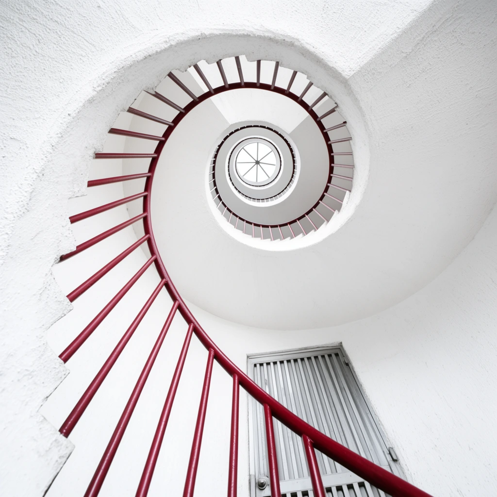 A worm's-eye view looking directly up the center of a white spiral staircase converging into a tight geometric spiral. The textured stucco underside of the steps ascends toward a small circular skylight at the apex. A deep red metal handrail with vertical cylindrical balusters traces the inner curve, contrasting sharply against the bright white architecture. A closed slatted metal door sits flush against the curved wall partway up. Wide-angle architectural photography with soft, high-key lighting emphasizes the sweeping, dizzying curves and stark color duality.