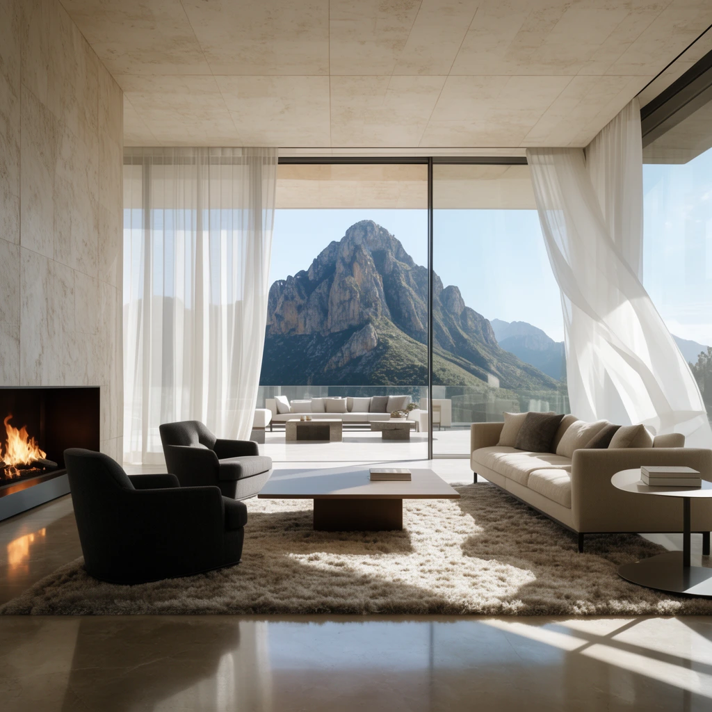 A modern, sunlit living room with floor-to-ceiling glass doors framing a rugged mountain peak. A beige sofa, dark gray armchairs, and a low coffee table sit on a plush, textured rug. A warm fireplace glows on the left wall. Sheer white curtains billow toward the expansive outdoor terrace. Crisp natural daylight casts sharp geometric shadows across the polished floor, emphasizing the luxurious, neutral-toned architectural interior.