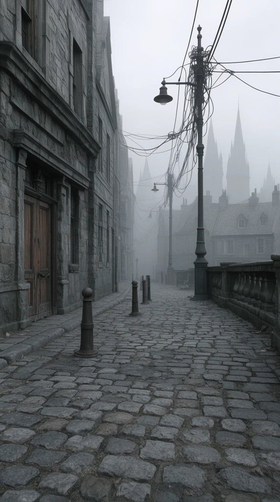 deserted foggy cobblestone street, historic gray stone buildings, heavy wooden doors, metal bollards, tangled overhead wires on tall streetlights, stone balustrade, distant steep-roofed houses, gothic spires in thick mist, muted palette, photorealistic render