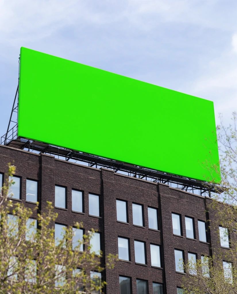A large rectangular billboard with a solid, vibrant neon-green face sits atop a dark brown brick building against a pale blue sky with wispy clouds. The brick facade features uniform rows of rectangular windows reflecting bright daylight, while black metal scaffolding supports the massive sign. Softly blurred foreground branches with fresh green leaves frame the lower corners. Captured from a low angle, the bright daytime architectural shot emphasizes the stark color contrast between the striking, minimalist neon green rectangle, the textured dark masonry, and the airy sky.