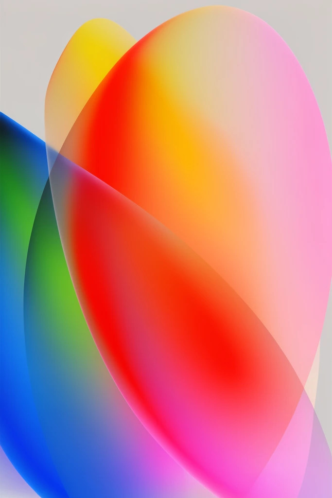 abstract overlapping translucent petal shapes, vibrant blue green red yellow and pink colors, smooth gradient blending, light gray background, digital art