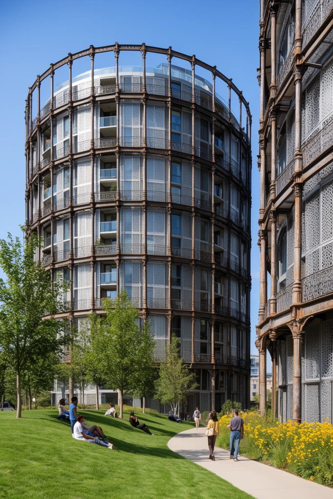 Towering cylindrical residential buildings enclosed within ornate, antique cast-iron industrial frameworks. The modern facades feature intricate perforated metal privacy screens and recessed glass balconies. A vibrant green sloping lawn occupies the foreground, where people lounge beneath the shade of young trees. A smoothly curving paved walkway winds past blooming yellow perennials, hosting casual pedestrians bathed in crisp, bright midday sunlight against a clear blue sky.