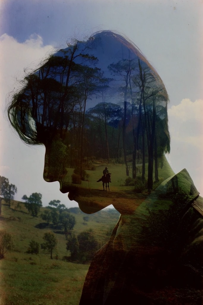 Nostalgic Surrealist Double-Exposure style AI image example 2