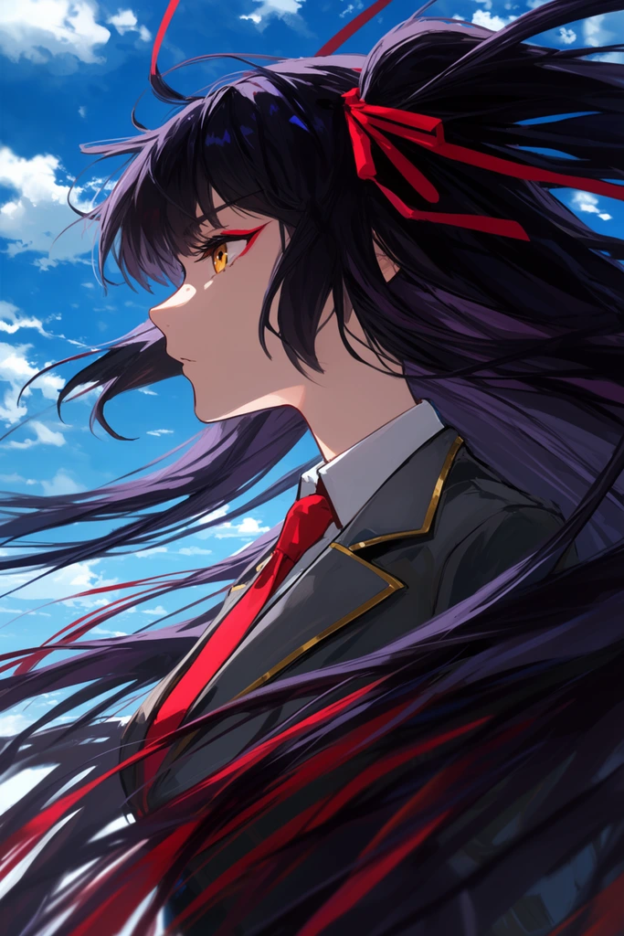 A profile portrait of a young woman with long dark hair blowing violently in the wind against a vivid blue sky with scattered white clouds. Facing left, her sharp profile reveals fair skin, a vibrant amber eye, and red eyeliner. Her voluminous black hair features deep purple undertones, red streaks in the lower strands, and bright red ribbons tied near the crown. She wears a dark grey blazer with gold-trimmed lapels over a white collared shirt and a bright red necktie. The 2D digital anime illustration utilizes dynamic lighting, where bright sunlight creates sharp rim highlights along her face and hair that contrast sharply with deep shadows. The low-angle cinematic composition emphasizes the striking motion of her hair sweeping across the expansive bright sky.