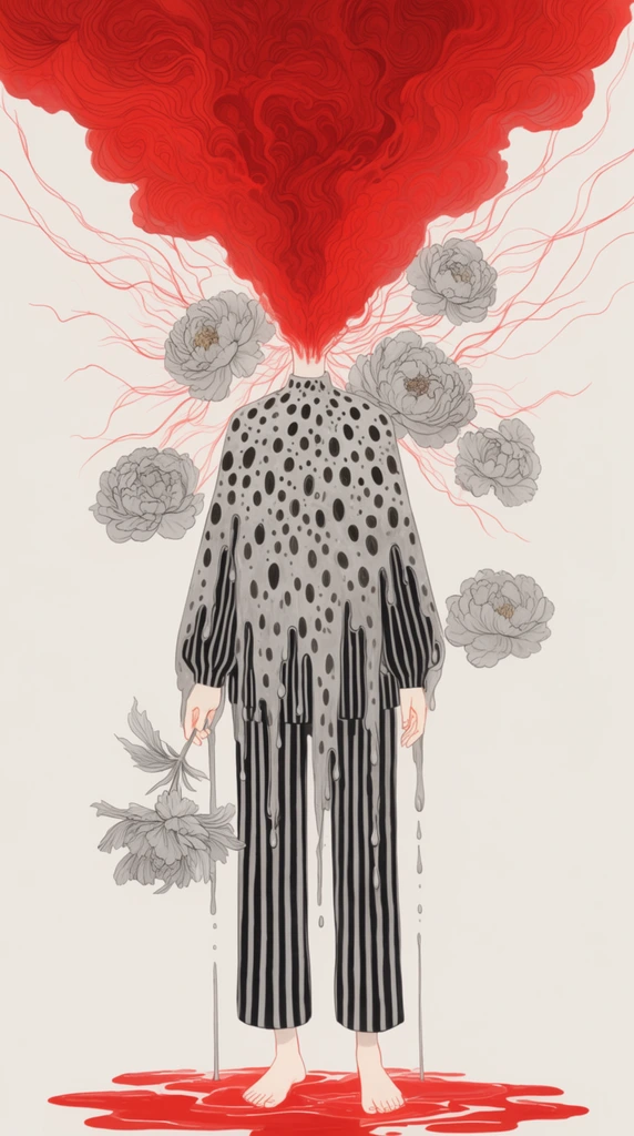 surreal standing figure, head exploding into massive swirling red smoke cloud, body enveloped in dripping spotted grey fluid over black and white striped garments, bare feet in pooling red liquid, holding a stylized grey flower, floating grey peonies, radiating red tendrils, delicate linework, off-white background