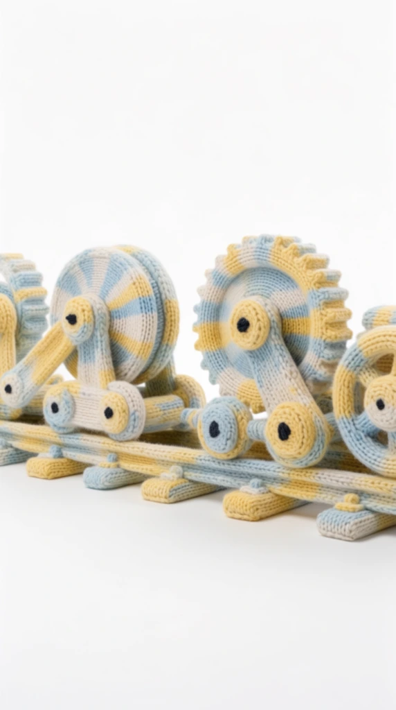 A row of mechanical objects mounted on a track, crafted entirely from soft, knitted fabric with visible ribbed stitching, isolated against a pure white background. The mechanical components and the track they rest on feature a plush, stuffed-toy construction covered in a repeating horizontal striped pattern of pastel yellow, light blue, and off-white yarn. The textured knit seamlessly forms the contours of gears, joints, and track rails, creating a highly tactile, handcrafted appearance. Small, solid black stitched dots accent the mechanisms like soft rivets. The arrangement is centered in a high-key studio setup with bright, even illumination. A subtle, diffused grounding shadow sits directly beneath the knitted track on the stark, seamless white floor, captured in a clean, straight-on product photography perspective.