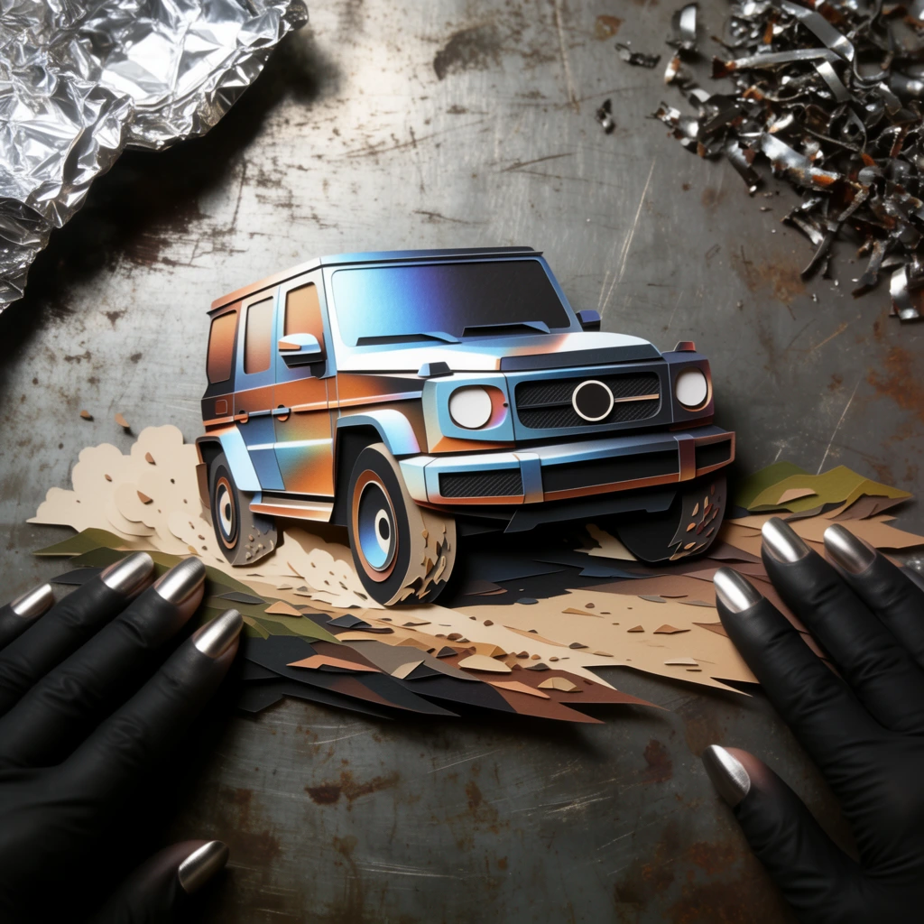 A layered 2.5D paper cutout of a single boxy SUV driving over uneven dirt and kicking up dust, suspended above a scratched industrial metal surface by two hands wearing matte black gloves with brushed-steel fingernails. The vehicle features a blocky silhouette, round headlights, and a circular front emblem, constructed from overlapping planes of crisp cardstock printed with a luminous, iridescent gradient of cold steel blue, warm copper, and deep black. The kicked-up dust and uneven terrain are rendered as sharp, geometric paper shapes projecting outward to create a three-dimensional illusion. The hands grip the edges of the paper scene from the lower left and right, the shiny metallic fingernails resting directly on the glossy printed surface. The background is a flat, oxidized steel plate covered in scuffs and rust spots, framed by crumpled, highly reflective aluminum foil in the top left corner and clustered, jagged metal shavings in the top right. Dramatic, harsh directional studio lighting casts crisp drop shadows from the floating paper layers onto the industrial background below, emphasizing the tactile trompe l'oeil medium, the macro-photography framing, and the stark textural contrast between the vibrant printed gradients, matte black latex, and raw distressed metal.