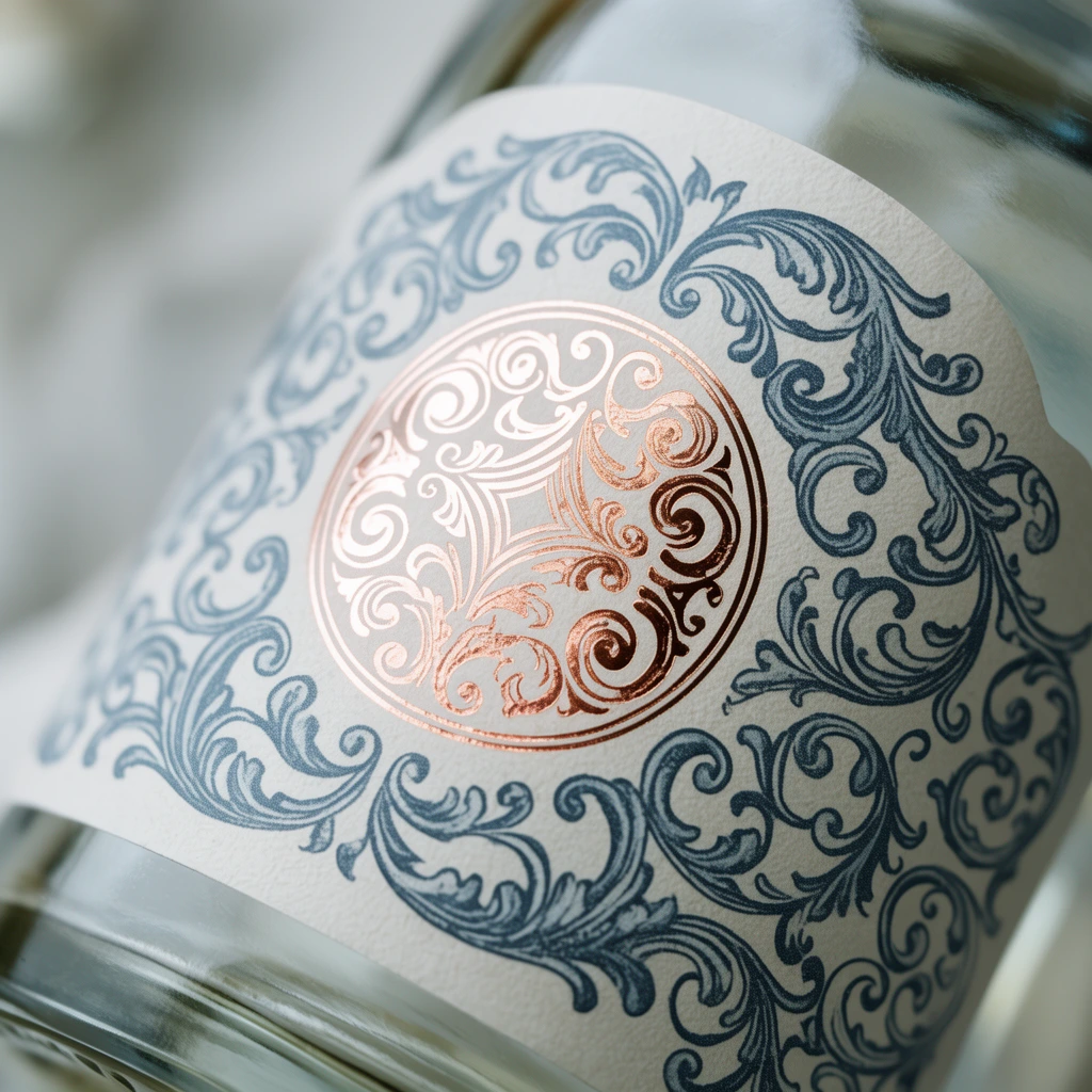 macro shot of a curved glass bottle label, textured off-white paper, intricate slate blue baroque scrollwork, shiny rose-gold foil stamped circular emblem, shallow depth of field, soft diffused lighting