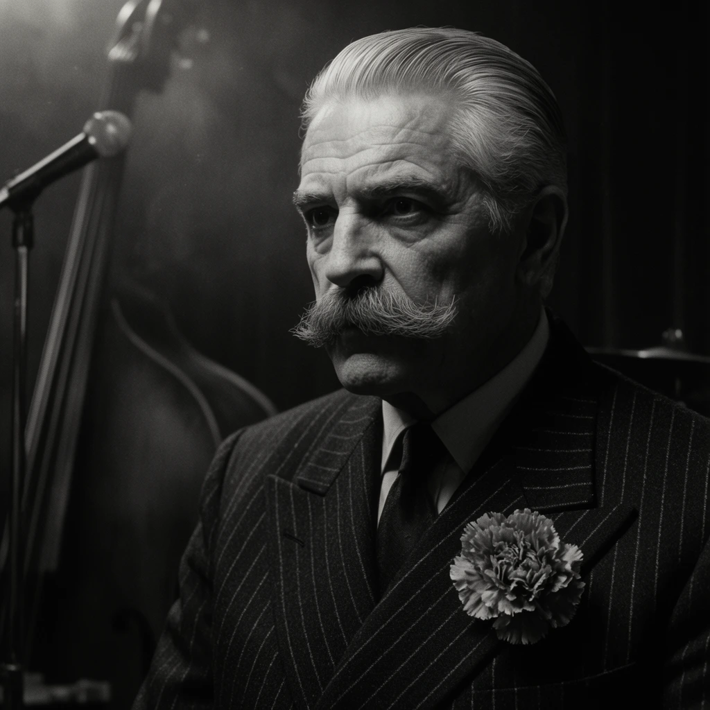 A cinematic black and white portrait of an older gentleman with a thick handlebar mustache and slicked-back silver hair gazing off-camera with an intense expression. He wears a dark, double-breasted pinstripe suit with a large textured carnation pinned to the wide lapel. Soft chiaroscuro lighting highlights his weathered features. The background is filled with the smoky shadows of a dimly lit jazz club, revealing the blurred silhouette of a double bass resting against a microphone stand. The tight medium close-up utilizes classical lighting techniques to create a highly moody and dramatic visual style.