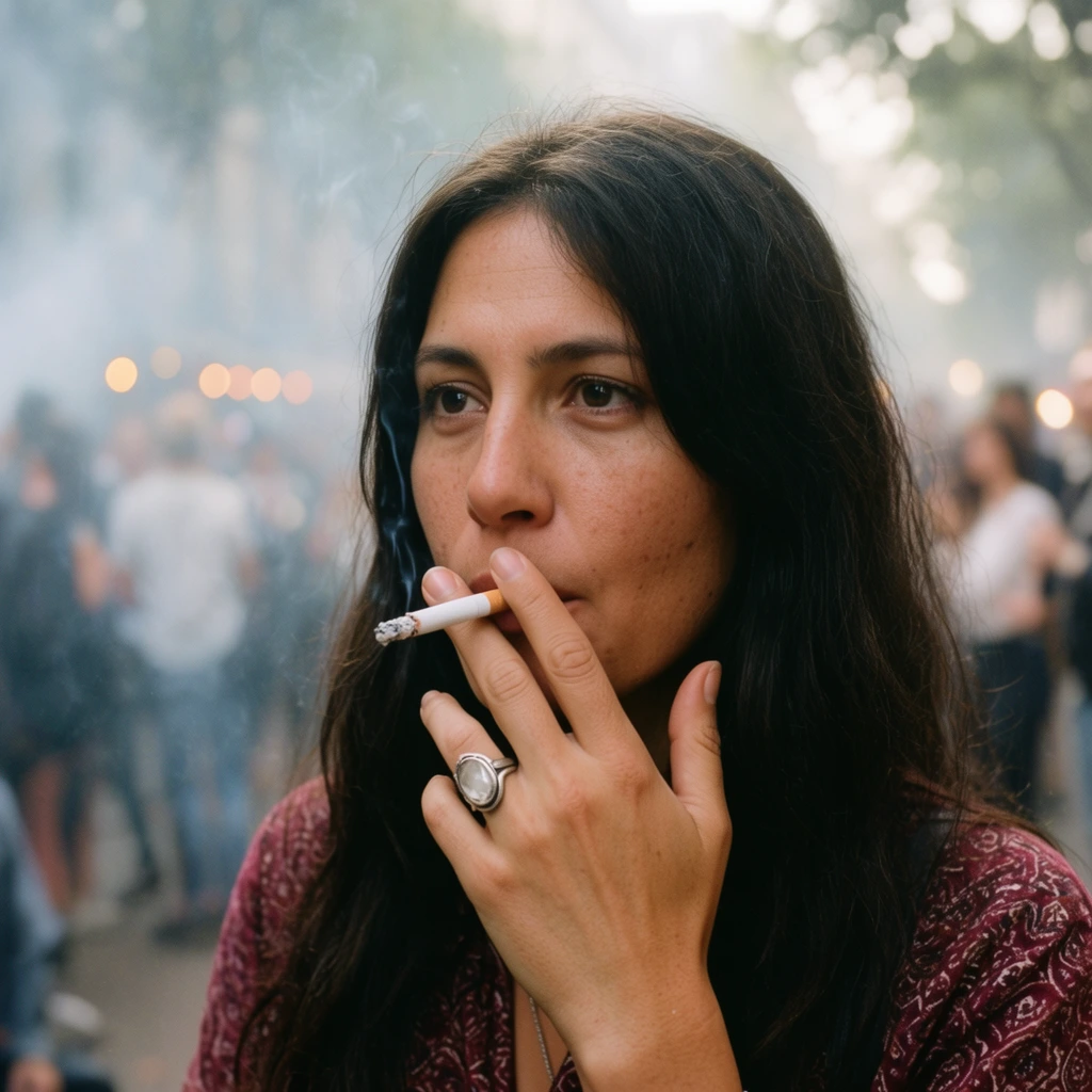 A close-up portrait of a woman with long dark hair smoking a lit cigarette in a hazy outdoor environment. She wears a maroon patterned shirt and holds the cigarette to her lips with her right hand, displaying a prominent silver ring. Her gaze is directed off-camera. The background consists of a heavily blurred crowd, atmospheric smoke, and warm bokeh lights. The candid composition features a shallow depth of field, natural daylight, and soft filmic color grading.