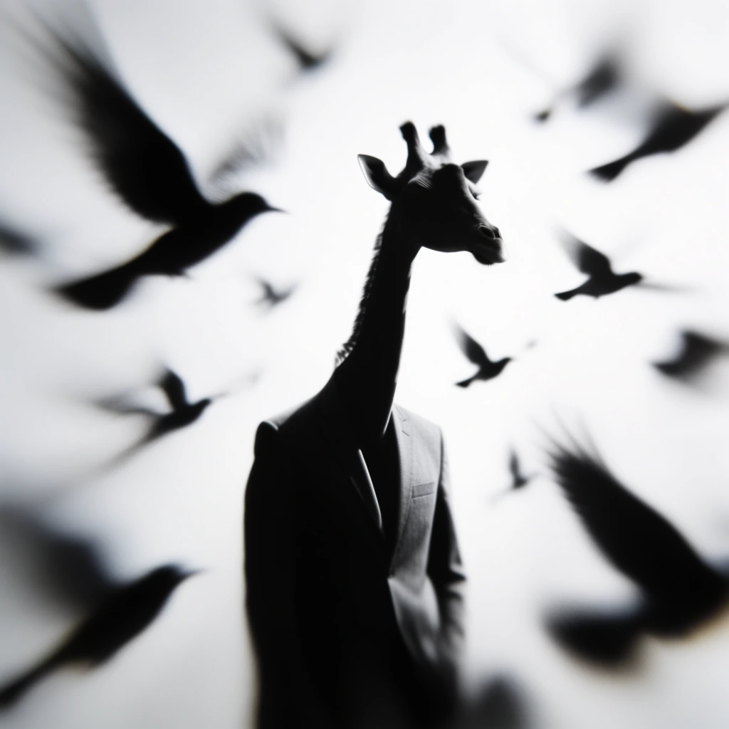 A giraffe wearing a tailored suit jacket surrounded by a flock of flying birds, rendered as a high-contrast, monochrome shadow projection. The central figure of the giraffe is in crisp, sharp focus, while an extreme radial lens blur heavily distorts and softens the elements toward the outer edges of the frame. Deep, solid black silhouettes define the giraffe's elongated neck, the structural lines of the suit jacket, and the scattered birds, all set against a stark, brilliantly illuminated white background. The flying birds positioned at the periphery stretch into elongated, blurred, sweeping curves due to the intense optical distortion and shallow depth of field. The lighting mimics a surreal macro photogram, creating stark graphic interplay between the heavy black forms and the intense white negative space, defined by a minimalist, ethereal atmosphere and aggressive monochromatic visual tension.
