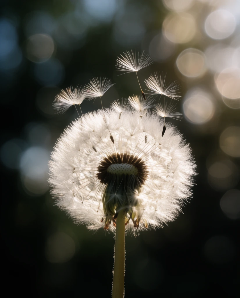 A backlit macro photograph of a glowing white dandelion seed head with individual tufted seeds detaching and floating upward. The delicate airborne filaments are sharply focused against a dark, heavily blurred background featuring large, luminous circular bokeh.
