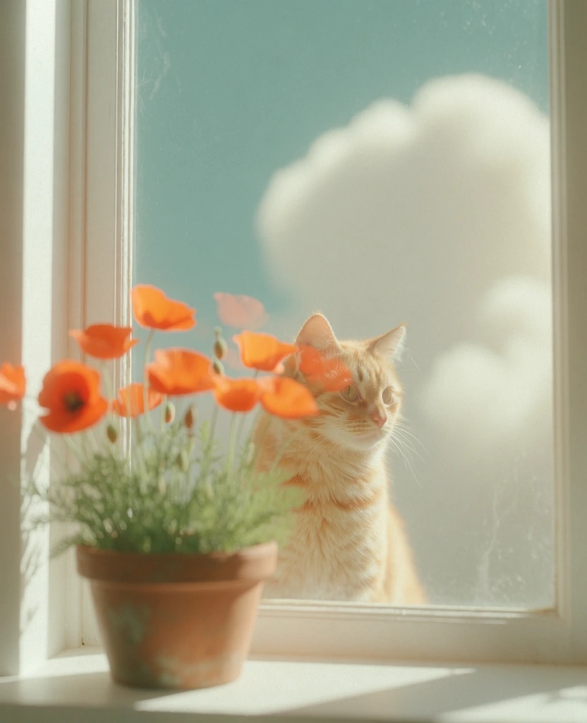a ginger cat peering through a glass window from behind a terracotta pot of vibrant orange poppies, high-key surrealist aesthetic, soft diffused sunlight, muted teal sky background with oversized soft clouds, creamy white tones, ethereal atmosphere, shallow depth of field, delicate film grain, minimalist composition, nostalgic 70s film aesthetic, saturated oranges contrasting against desaturated cool tones, backlighting on the fur, crisp yet airy rendering.