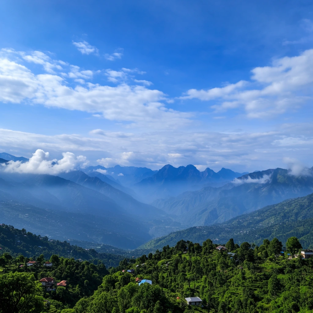 Lush green foreground hills dotted with small houses overlook a vast, deep valley. Distant jagged mountain peaks fade into atmospheric blue tones, partially veiled by low-hanging mist beneath an expansive blue sky with scattered fluffy white clouds in this wide-angle landscape photograph.