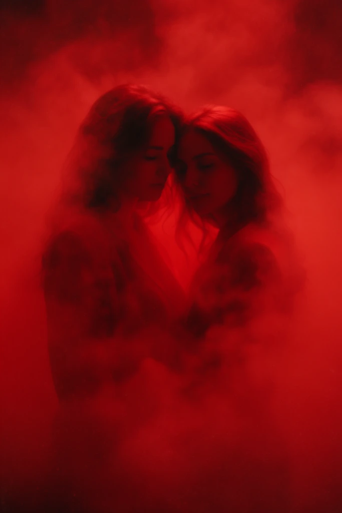 Two women stand closely together with their heads gently touching, completely engulfed in a dense, swirling crimson fog. The composition features an intense, monochromatic blood-red color palette. Soft, diffused lighting permeates the thick vapor, illuminating the women with vibrant crimson highlights and mapping deep, dark red shadows across their intertwined silhouettes and facial features. Heavy, billowing red smoke envelops their lower bodies and the surrounding space, blending the figures into a seamless, glowing red atmosphere. The soft focus and hazy particulate matter suspended in the air create a cinematic, ethereal aesthetic restricted entirely to varying saturations of deep red.