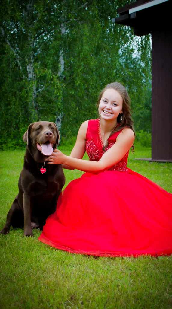 young woman sitting on a grassy lawn in a voluminous bright red formal gown with beaded bodice, smiling brightly, petting a seated chocolate Labrador retriever, dog panting with a red heart collar tag, lush green birch trees in the background, partial view of a dark brown building on the right, natural daytime lighting, outdoor portrait
