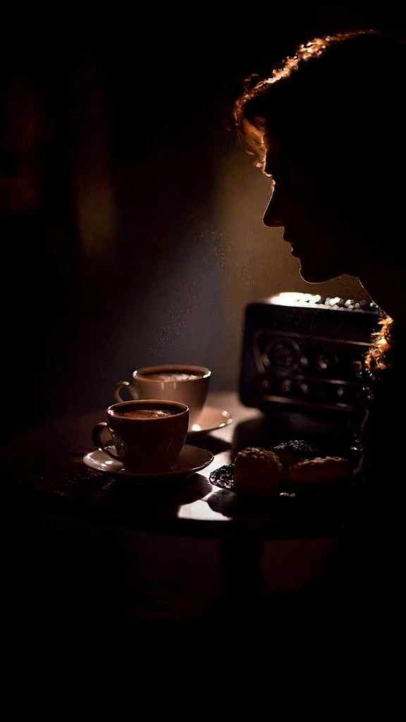 dramatic low-key rim lighting, cinematic silhouette aesthetic, warm golden highlights against deep black shadows, high contrast chiaroscuro mood, intimate atmosphere, fine dust motes caught in the light, a small round table holding two ceramic coffee cups on saucers, a vintage radio-like object, a small plate with two golden pastries, tight composition focusing on the glowing edges of the objects, elegant and sophisticated premium brand photography style.