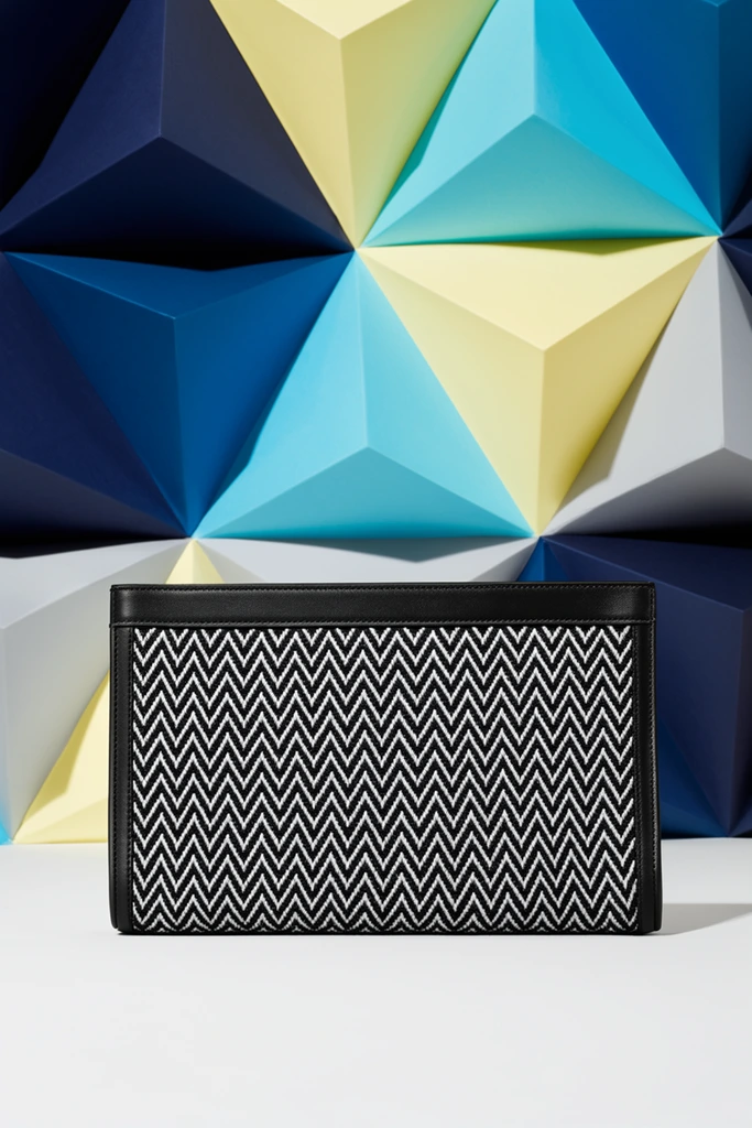rectangular black clutch bag with dense black and white woven chevron pattern, nested V-shapes, solid black leather top edge and borders, resting on a flat matte white surface, backdrop of three-dimensional folded triangular panels, origami-like tessellated wall in shades of navy, cyan, pale yellow, light gray, sharp angular shadows, bright studio lighting, high-contrast graphic aesthetic, sharp focus product photography