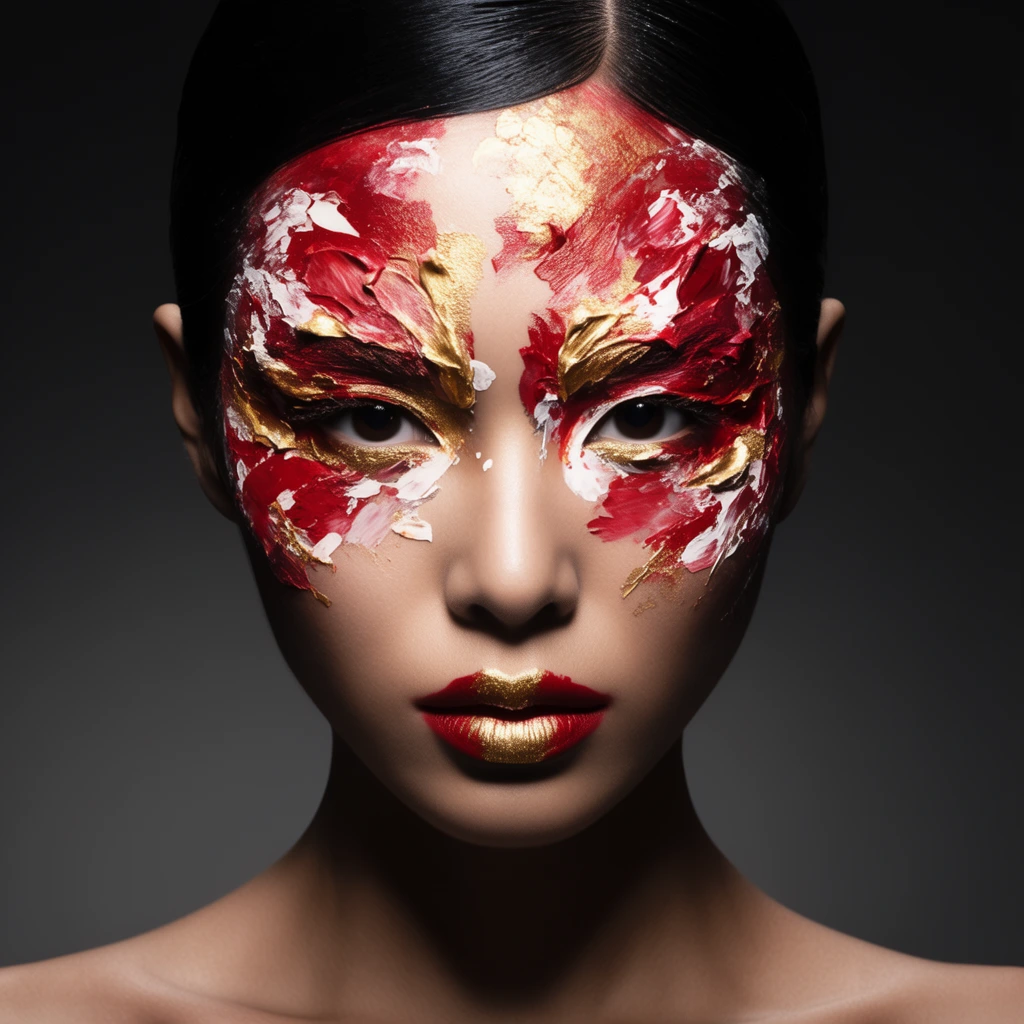 A striking beauty portrait of a woman featuring avant-garde impasto makeup. Thickly applied splashes of crimson, white, and metallic gold frame her eyes and forehead. Her sleek black hair is slicked back above bare shoulders. Her lips blend deep red with a metallic gold center. Dramatic chiaroscuro lighting highlights the textured pigments against her smooth skin. The background is a seamless dark charcoal grey vignette, enhancing the high-fashion editorial style and emphasizing the abstract, painterly facial art.