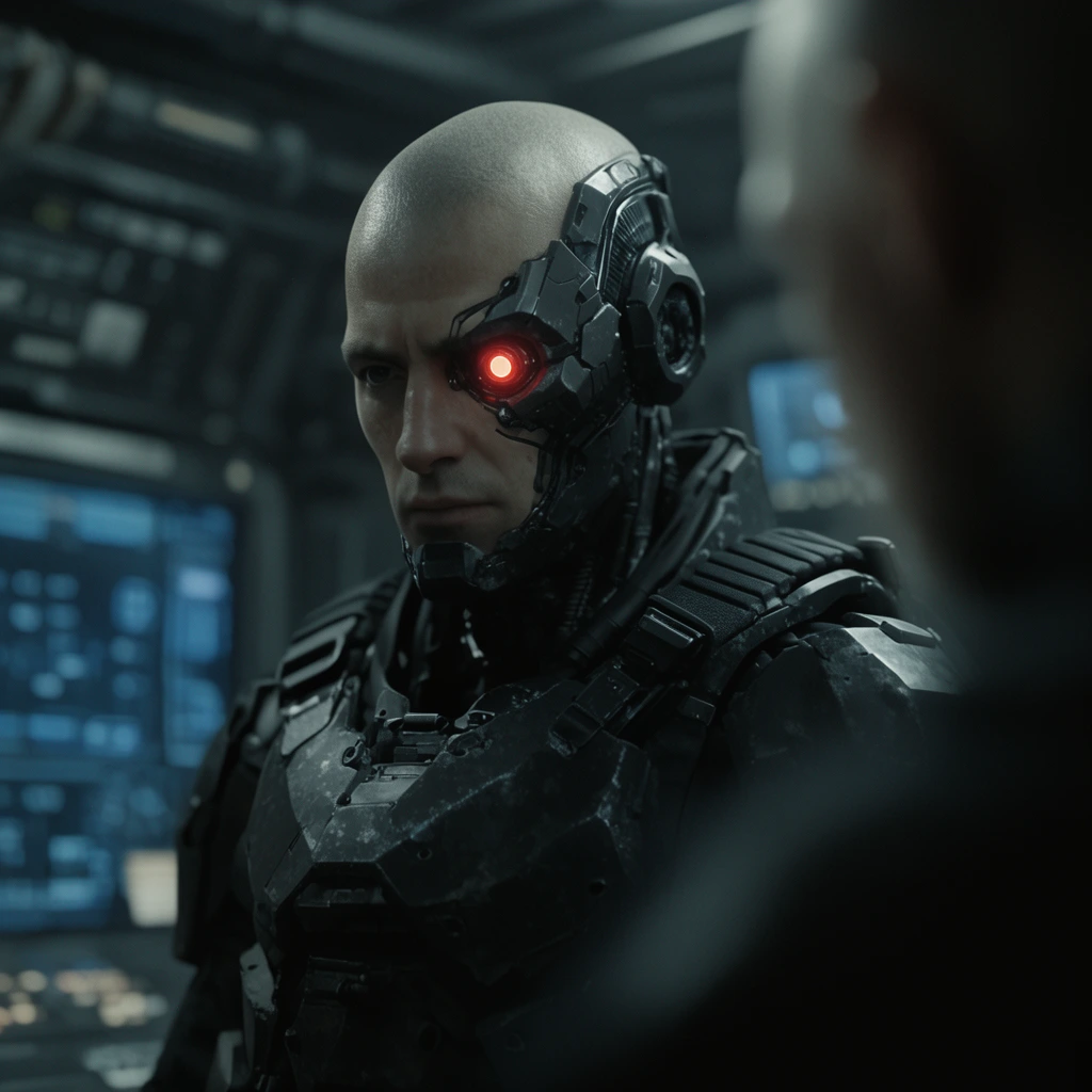 A bald sci-fi soldier with a glowing red cybernetic eye and dark armor stares intently at a blurred foreground silhouette. The dim, high-tech control room background features soft blue monitor glows and cool, desaturated cinematic lighting with a shallow depth of field.