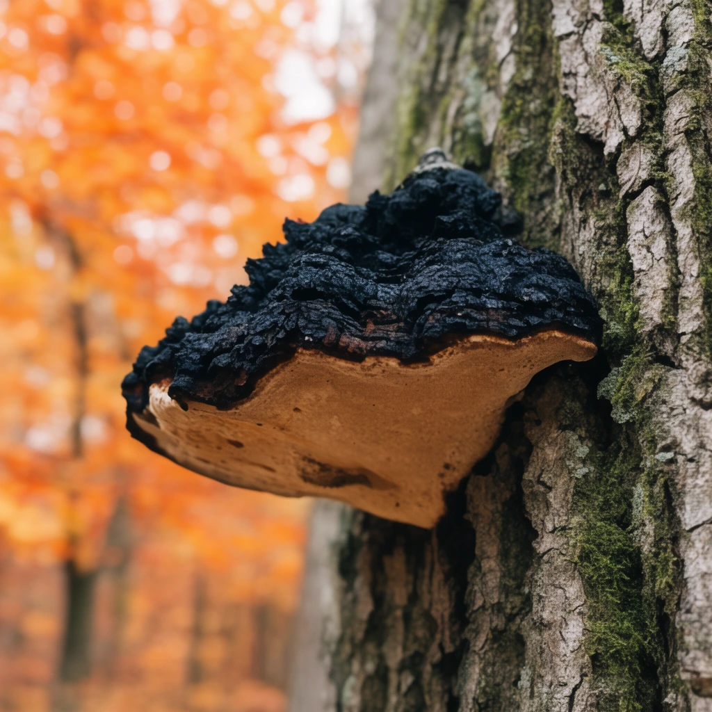 A prominent bracket fungus emerges from the deeply fissured, moss-dusted bark of a woodland tree. The fungal conk features a starkly charred, craggy black upper crest and a smooth tan underbelly. A shallow depth of field blurs the background into a luminous bokeh of vibrant orange and golden autumn leaves. This close-up macro photography captures rich organic textures and an earth-toned palette under diffused natural daytime light.