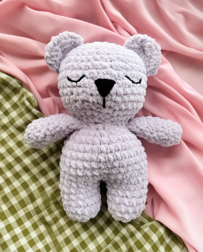 A chunky crocheted pale lavender bear plushie rests on draped pink fabric and olive green checkered cloth. The fuzzy yarn toy features stitched sleeping eyes, a triangular nose, and stubby limbs under soft lighting.