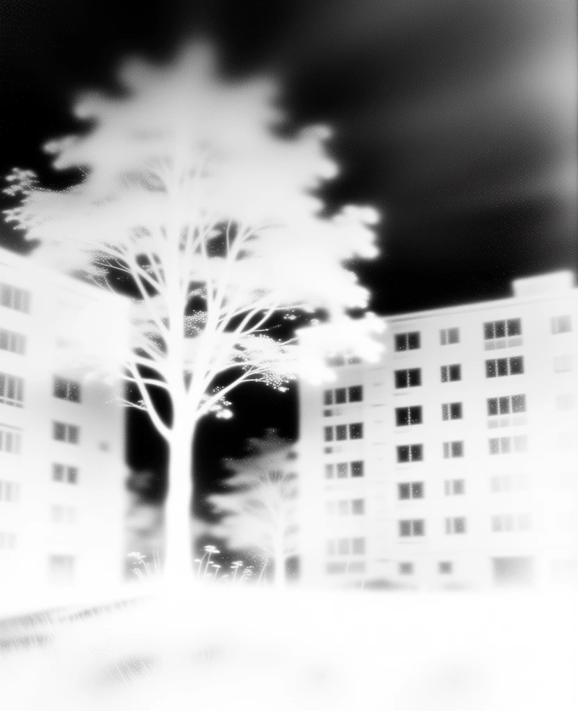 deciduous tree with multi-story apartment buildings, ethereal glowing silhouette style, high-contrast black and white, grainy texture, noisy film aesthetic, ghostly x-ray appearance, soft focus blurred edges, radiant white forms against a stark pitch-black background, minimalist composition, dreamlike atmosphere, fine stippled details, digital noise, atmospheric light bloom, negative space, monochromatic, ethereal architectural and botanical structures, soft hazy outlines.