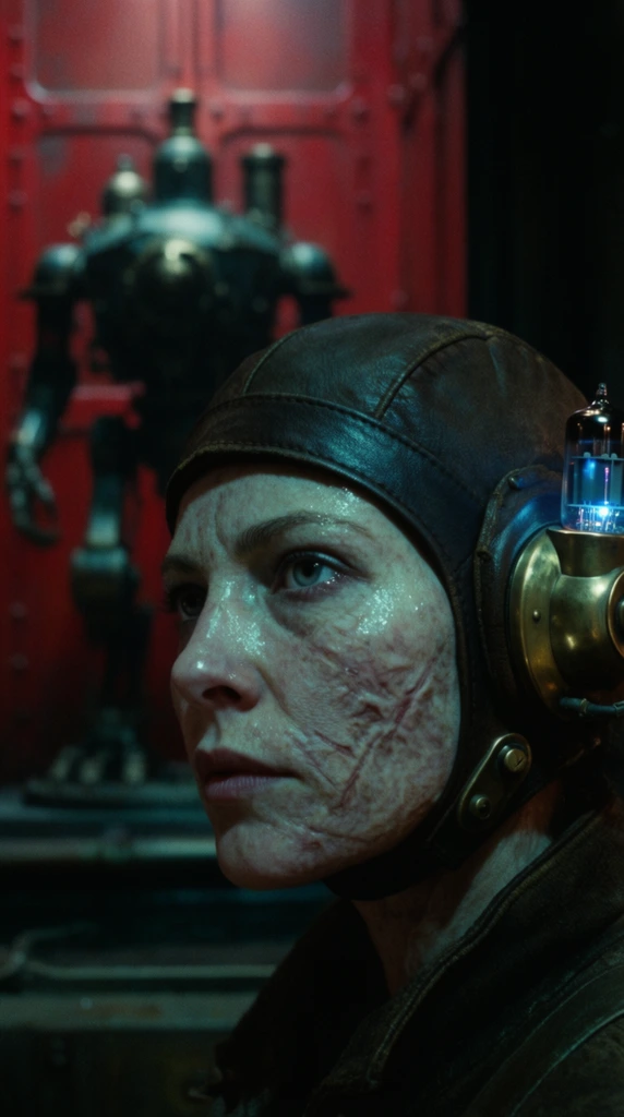 An extreme close-up portrait of a pale, heavily scarred woman wearing a thick leather aviator cap and a bulky brass earpiece featuring a glowing blue vacuum tube. Her face is intensely focused, gazing sharply off-camera to the left. Moisture glistens on her highly textured skin under stark, directional cyan lighting. In the heavily out-of-focus background, the dark silhouette of a massive steam-powered automaton stands against a vibrant crimson metallic wall, while dense shadows obscure the right edge. Shot on 35mm film, the cinematic composition utilizes a dramatic shallow depth of field, rich film grain, and a tense, high-contrast industrial aesthetic.
