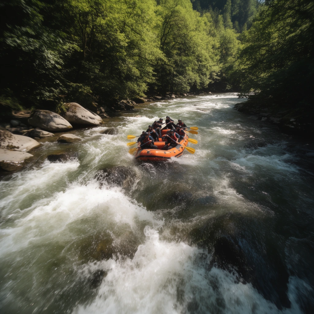 A bright orange inflatable raft carrying a team of white-water rafters navigates a turbulent river surrounded by a dense, lush green forest corridor. The crew, clad in dark gear, grip bright yellow paddles to steer through the choppy rapids. In the foreground, the river violently churns into frothy white water over submerged rocks. Large, smooth grey boulders line the left riverbank beneath the thick tree canopy. Captured from an elevated, ultra-wide cinematic perspective, dappled sunlight filters through the trees to cast dynamic shadows across the swirling water. The high-speed action photography freezes the splashing droplets and dynamic energy of the rushing current.