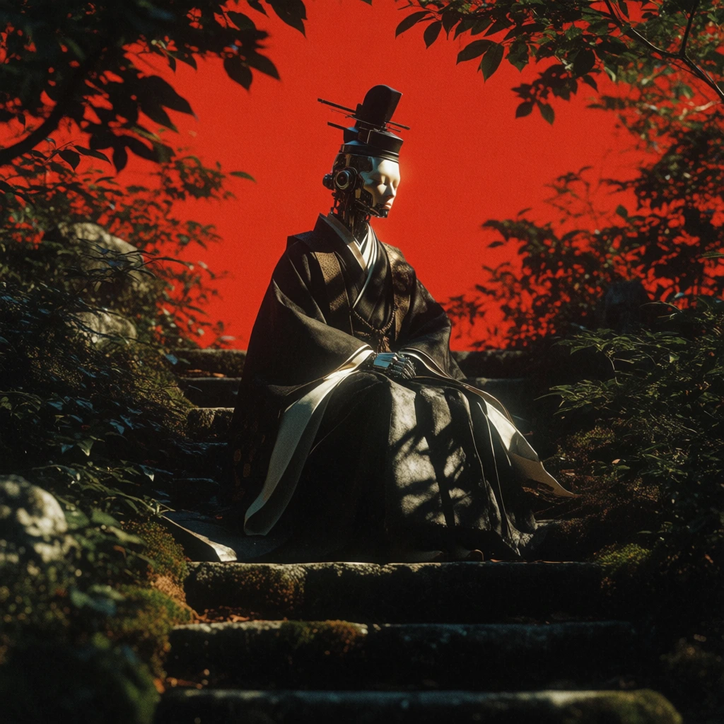 cinematic surrealist photography, a robotic figure wearing traditional japanese clothing sitting on weathered stone stairs, framed by dense dark green foliage and tree branches, vibrant saturated blood red background, dramatic chiaroscuro lighting, harsh directional light casting complex leaf shadows over the subject, high contrast, moody and mysterious atmosphere, grainy film texture, deep shadows, low angle perspective through a natural frame of leaves, rich color palette