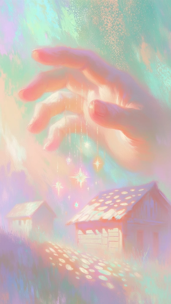 ethereal painterly digital illustration, soft pastel palette of iridescent seafoam green, peach, lavender and blush pink, stippled brushstroke texture, a giant hand reaching from a luminous sky, glowing stars falling toward rustic wooden houses, dappled light patterns, high key diffused lighting, dreamlike whimsical aesthetic, translucent layers, golden highlights, soft focus edges, delicate ethereal atmosphere, intricate light leaks.
