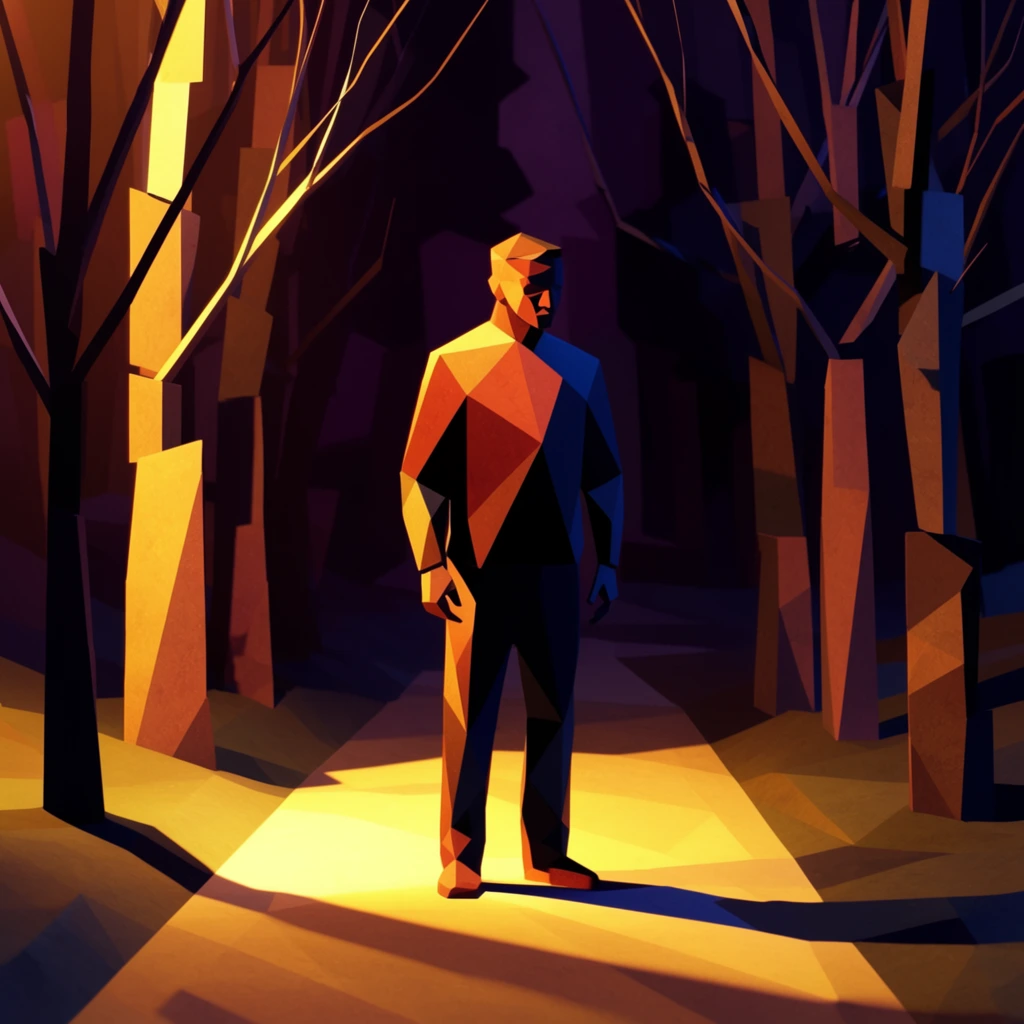 A faceted, low-poly 3D rendering of a man standing on a path between bare trees. The man is constructed from flat, angular, geometric polygons, illuminated by a dramatic, high-contrast, warm golden-yellow beam of light striking from the left. Vibrant terracotta and golden-orange facets on his lit side transition abruptly at sharp edges into deep navy blue and pitch-black geometric shadows on his unlit side. The path beneath him is a stark, angular ground plane highlighted by the intense rectangular shaft of light. Flanking the path, the bare trees take the form of jagged, vertical, overlapping rectangular planes and sharp, blocky pillars extending upwards. The background environment recedes into a moody, theatrical void composed of dark purple and black geometric silhouettes. The overall aesthetic features stark, distinct polygon edges, flat-shaded surfaces, and a minimalist indie-game visual style relying entirely on blocky, multifaceted geometry.