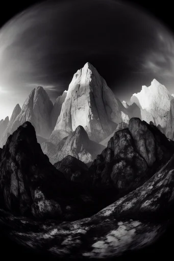 Monochrome Fisheye Monumentalism style reference image — extreme fisheye lens