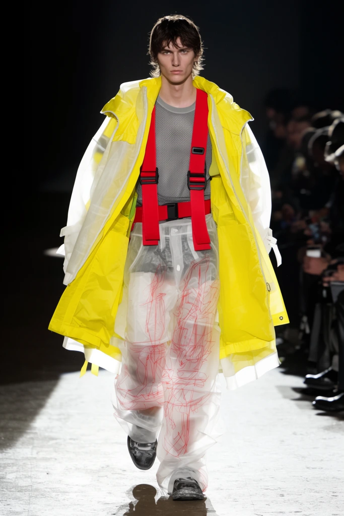 male runway model, avant-garde layered utility fashion, bright yellow and translucent white oversized garments, thick red harness straps over a grey mesh shirt, baggy translucent pants with red linear sketches, harsh runway spotlight, dark background with blurred audience, high contrast fashion photography